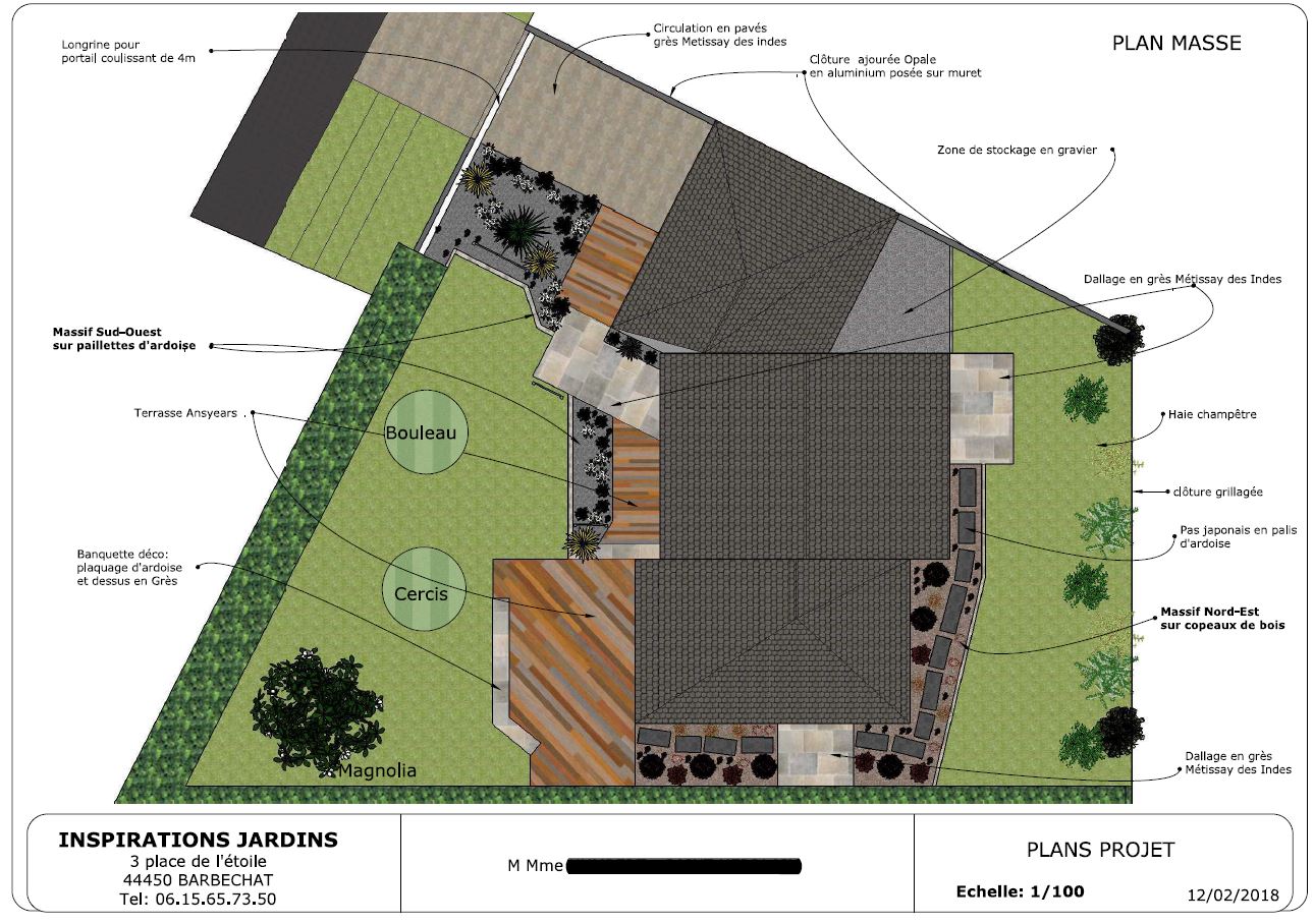 Plan masse : créations d'allées et de terrasse autour d'une construction neuve. INSPIRATIONS JARDINS